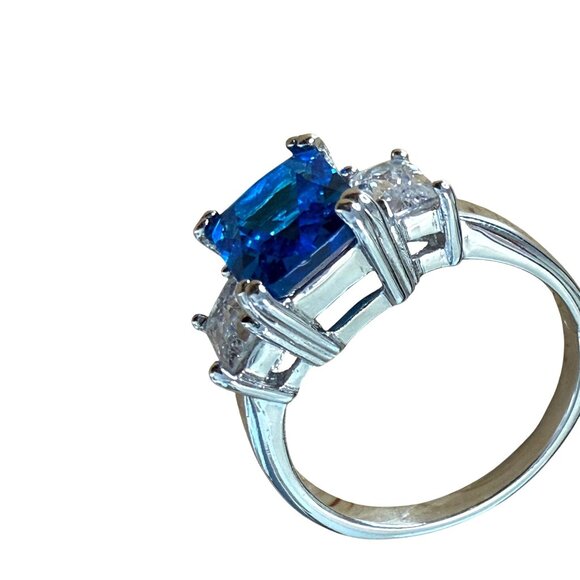 Silver Tone Cocktail Ring With Blue Emerald-Cut Center & Clear Side Size 10 - Picture 5 of 16